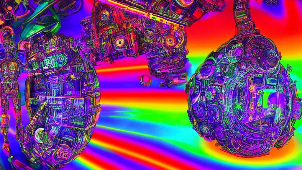 Prompt: a futuristic world of machine with dmt visions in a high spiritual world, colorful, rainbow, fractoluminescence, refractive, plasma, electric