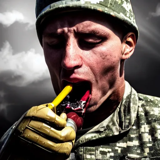 Image similar to a soldier eating an uranium fuel rod, photorealistic, 4k,