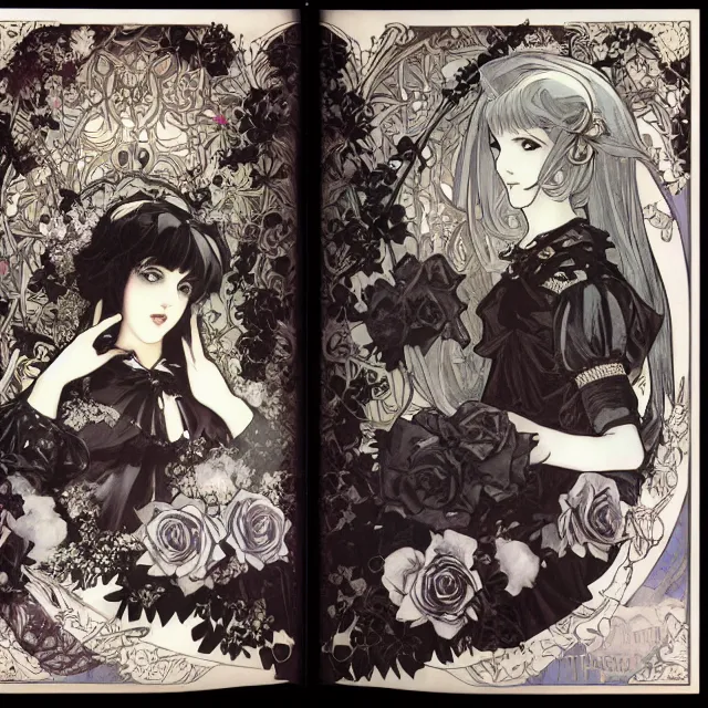 Image similar to gothic lolita and black roses. chiaroscuro manga artbook illustration by clamp and alphonse mucha.