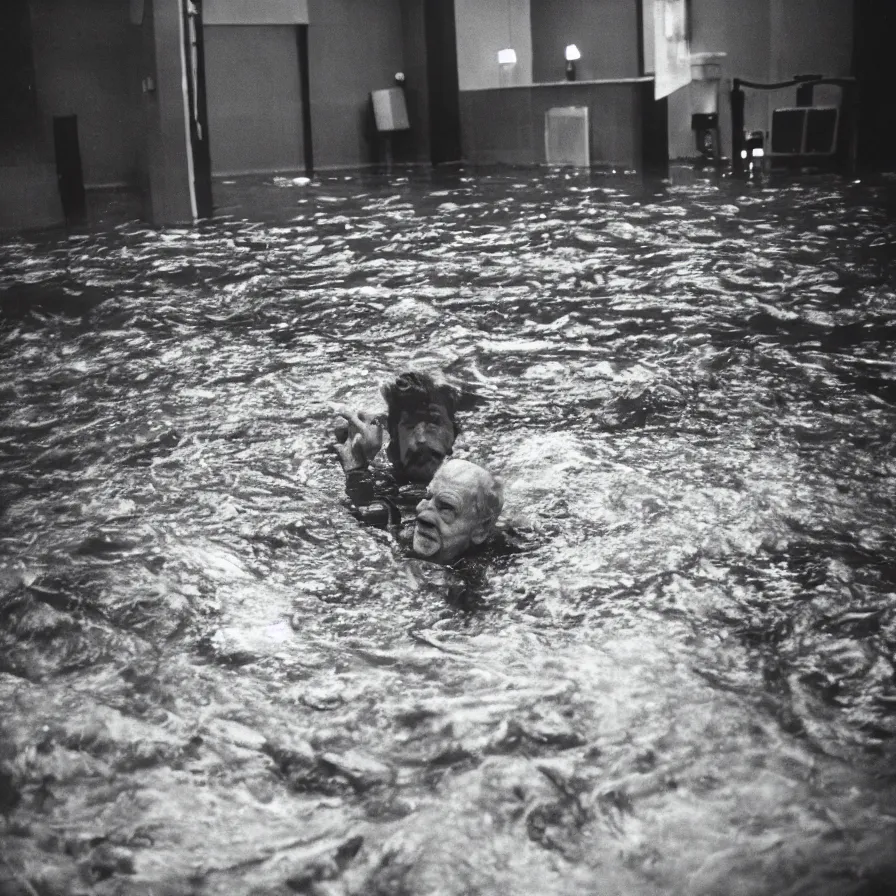 Image similar to 9 0 s movie still of an old man drowning in an empty soviet ballroom flooded with blood, cinestill 8 0 0 t 3 5 mm, heavy grain, high quality, high detail