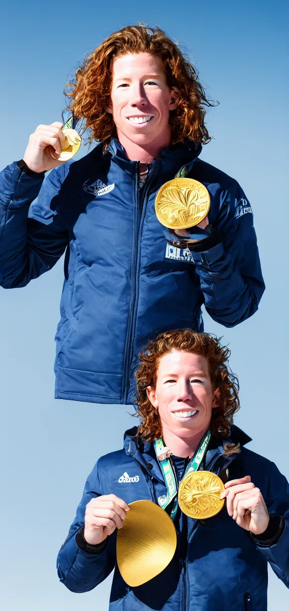 Image similar to high quality portrait of shaun white holding a gold medal with blue sky above him, rule of thirds, full body shot, sharp focus, extremely detailed, studio photography