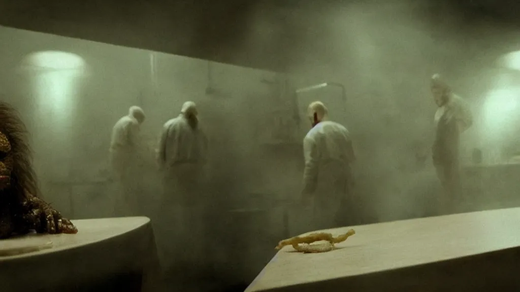 Image similar to the strange creature in the restaurant kitchen, film still from the movie directed by denis villeneuve and david cronenberg with art direction by salvador dali and zdzisław beksinski,