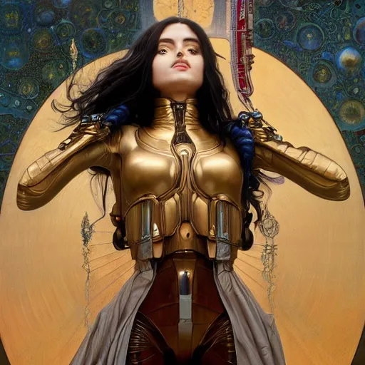 Image similar to Masterpiece portrait of battle angel Alita drawn by Donato Giancola and Tom Bagshaw, face by Artgerm and Edmund Leighton, Alphonse Mucha, background by James Jean and Gustav Klimt, 4k, robotic body, porcelain skin, komorebi, french nouveau, trending on pixiv, octane render, hyperrealistic