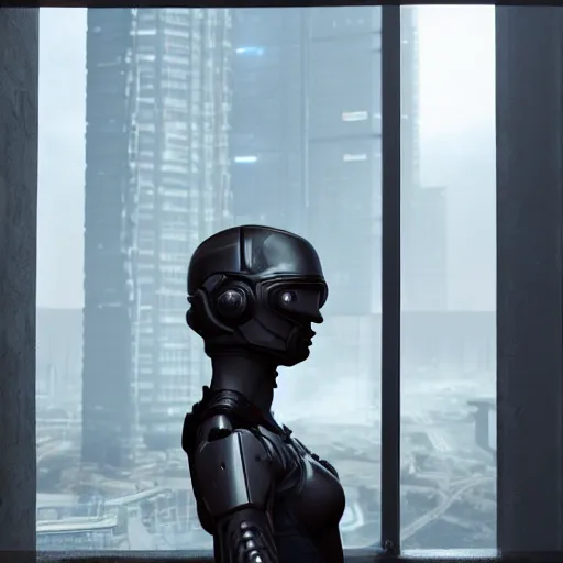 Prompt: portrait of an armored female with an intricate dark figure body who is drinking coffee near a window looking outside with dystopian city visible outside. very detailed 8 k. cyberpunk fantasy style. unreal engine render. global illumination. nanite. rtx. path tracing.