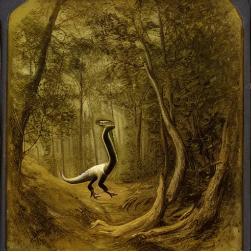 Prompt: daguerrotype of a velociraptor sighting in a dense forest 1 8 8 5