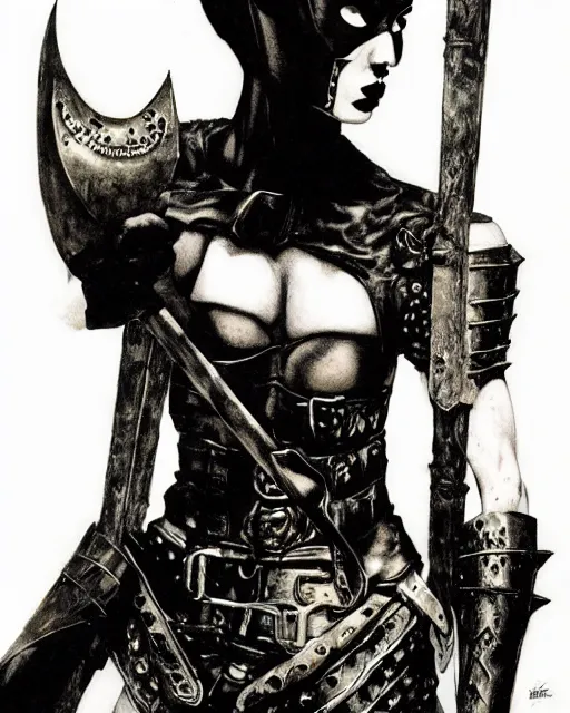 Image similar to portrait of a skinny punk goth warrior wearing armor by simon bisley, john blance, frank frazetta, fantasy, thief rogue