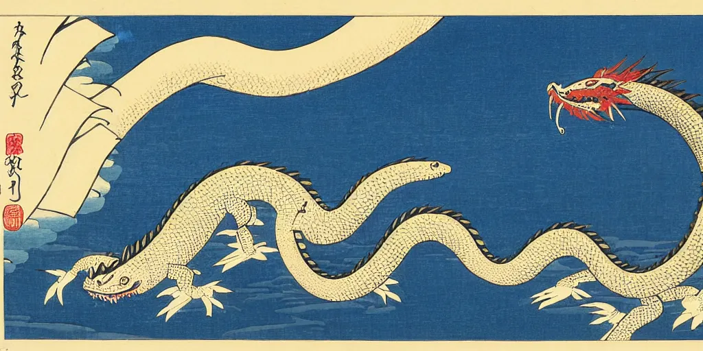 Image similar to ukiyo - e woodblock print of a water dragon flying over a shinto shrine, by hokusai