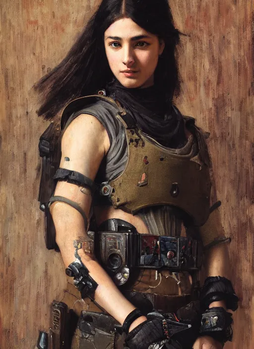 Image similar to beautiful cyberpunk mercenary wearing military vest. Iranian orientalist portrait by john william waterhouse and Edwin Longsden Long and Theodore Ralli and Nasreddine Dinet, oil on canvas. Cinematic, hyper realism, dramatic lighting, high detail 4k