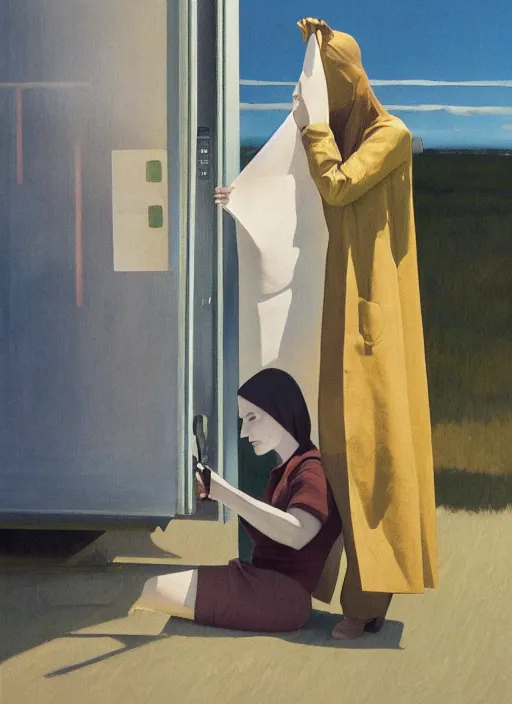 Prompt: women in paper bag over the head and a sward at gas station with portable oxygen tank Edward Hopper and James Gilleard, Zdzislaw Beksinski, highly detailed