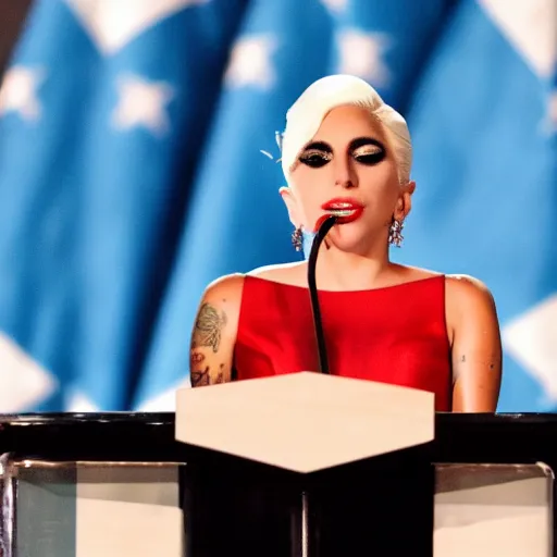 Image similar to Lady Gaga as president, Argentina presidential rally, Argentine flags behind, bokeh, giving a speech, detailed face, Argentina