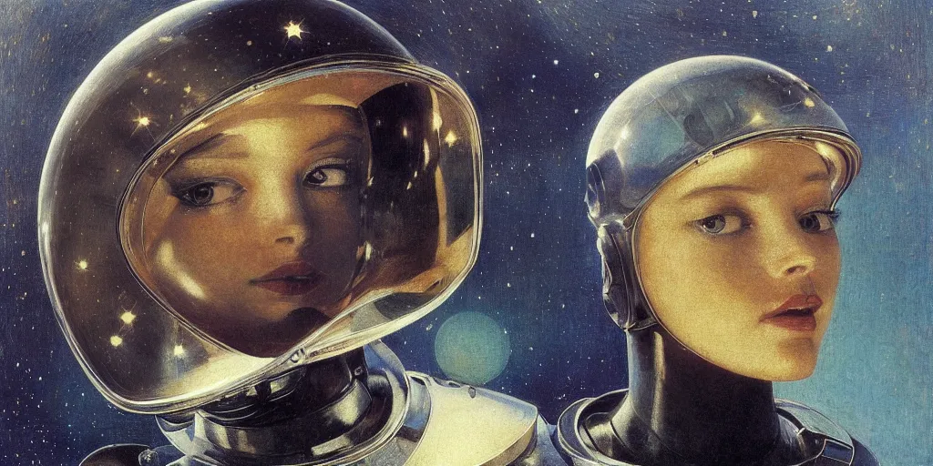 Prompt: portrait of a beautiful chrome female robot wearing a space helmet, lush lips, big eyes, reflections, mirroring, stars in space, warm azure tones, heavy lensflare, color bleed, film grain, depth of field, jules bastien - lepage, rudolph belarski, johfra bosschart, alexandre cabanel