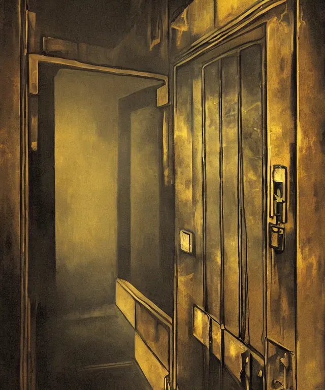 Image similar to horrifying full color photorealistic painting of a 1 9 2 5 hotel elevator opening up to a disorted view of the cosmos, dark, atmospheric, brooding, smooth, finely detailed, cinematic, epic, in the style of lee gibbons