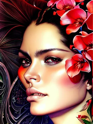 Image similar to a portrait of latina supermodel with a floral background by karol bak, artgerm, moebius, yoji shinkawa : : portrait, illustration, photorealism, hyperrealism