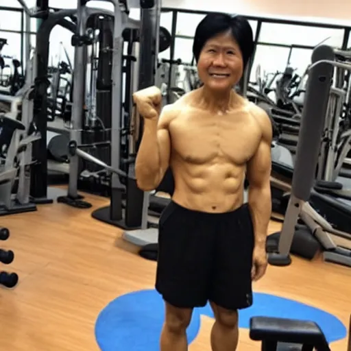 Image similar to A very muscular BongBong Marcos flexing in the gym