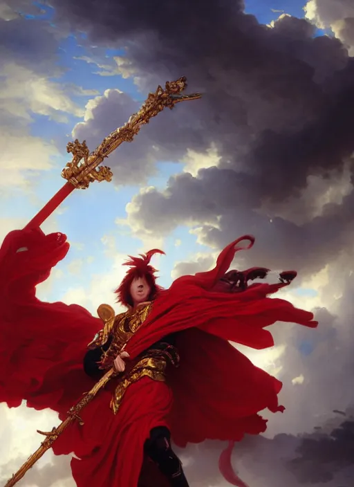 Image similar to A boisterous Red Mage wearing striped shining armor holding a staff of power surrounded by an epic cloudscape. The Magus Omega . Red Wizard. Morpheus. masterpiece. 4k digital illustration. by Ruan Jia and Artgerm and Andreas Rocha and William-Adolphe Bouguereau and Edmund Blair Leighton. award winning, Artstation, intricate details, realistic, Hyperdetailed, 8k resolution. Concept Painting. Key Art