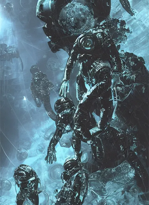 Image similar to astronauts in dark void underwater - complex and hyperdetailed technical suit. reflection and dispersion materials. rays and dispersion of light. volumetric light. f / 3 2. noise film photo. flash photography. ultra realistic, wide angle. poster by wayne barlowe, hajime sorayama aaron horkey, craig mullins