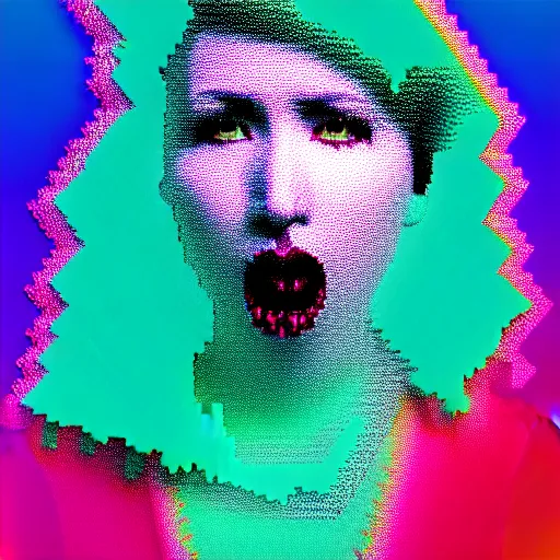 Prompt: Karen O of the Yeah Yeah Yeahs. Glitch effect. Pixel glitch. Chromatic Aberration. data moshing glitch art. 4k.