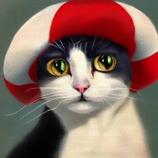 Image similar to A cat wearing a beret with the American flag on it, oil Painting, ultradetailed, artstation