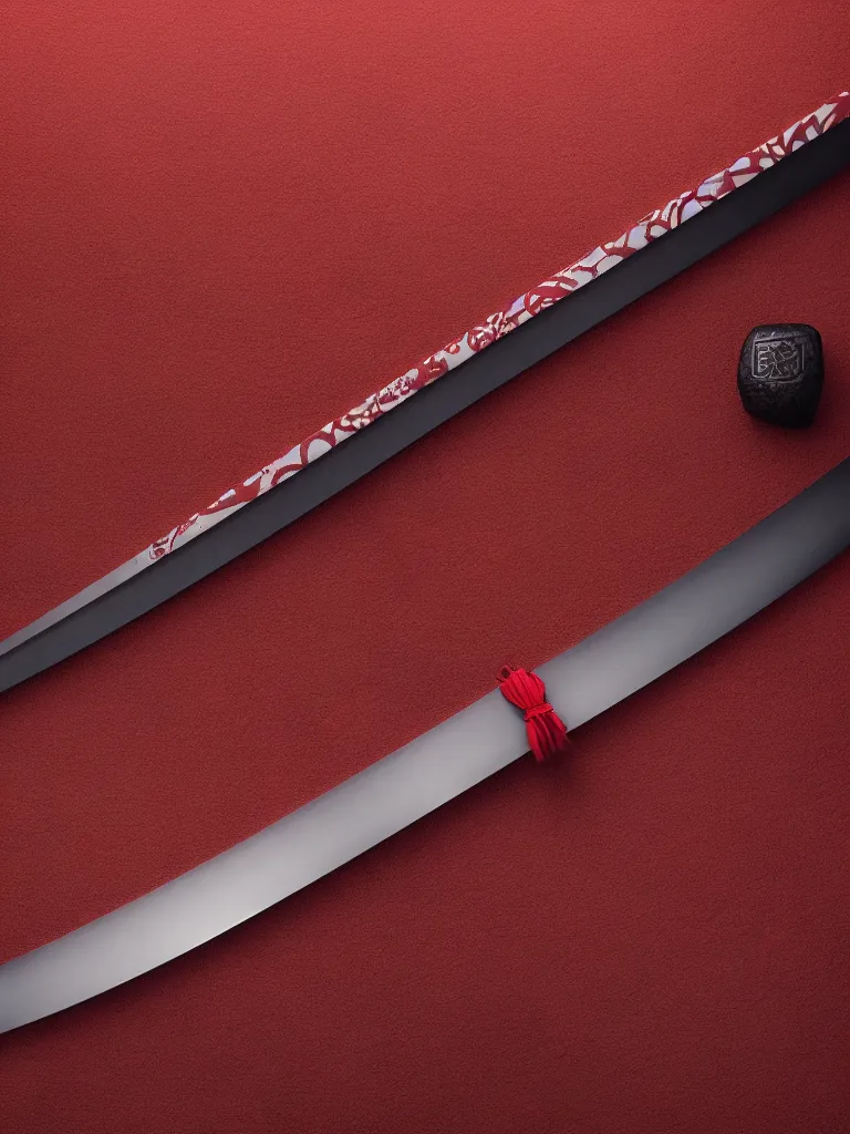 Image similar to a katana with a square tsuba sheathed inside a crimson colored scabbard, cinematic lighting, 4k