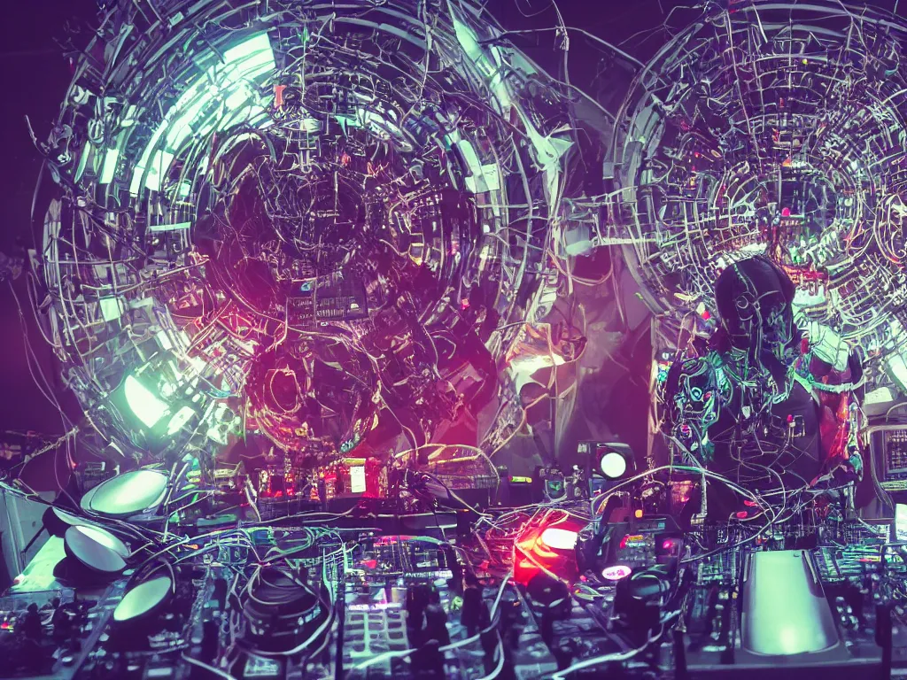 Prompt: a cyborg dj is playing a vast array of highly evolved and complex musical technology on a stage surrounded by an incredible and complex circular robotic structure playing highly evolved music overlooking a crowd at a forest festival lit by fire