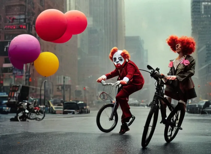 Prompt: A very high resolution image from a new movie, a clown fighting an octopus on a bikecycle on a rainydayinNewYork city, Polaroid, directed by Steven Spielberg