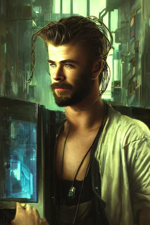 Image similar to hyperrealist cyberpunk portrait of a young ducktail bearded middle eastern chris hemsworth, it is decorated with long computer wires and computer monitors in the cyberpunk office background. by jeremy mann and alphonse mucha, fantasy art, photo realistic, dynamic lighting, artstation, poster, volumetric lighting, very detailed faces, 4 k, award winning