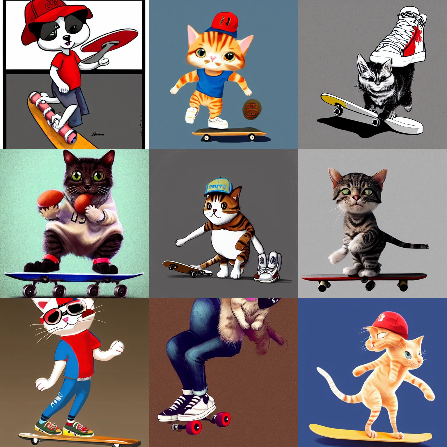 Prompt: cute and funny, a cat standing on its back legs, wearing high top sneakers and a baseball cap, riding a skateboard, by bruce mckinnon, trending at artstation, award winning