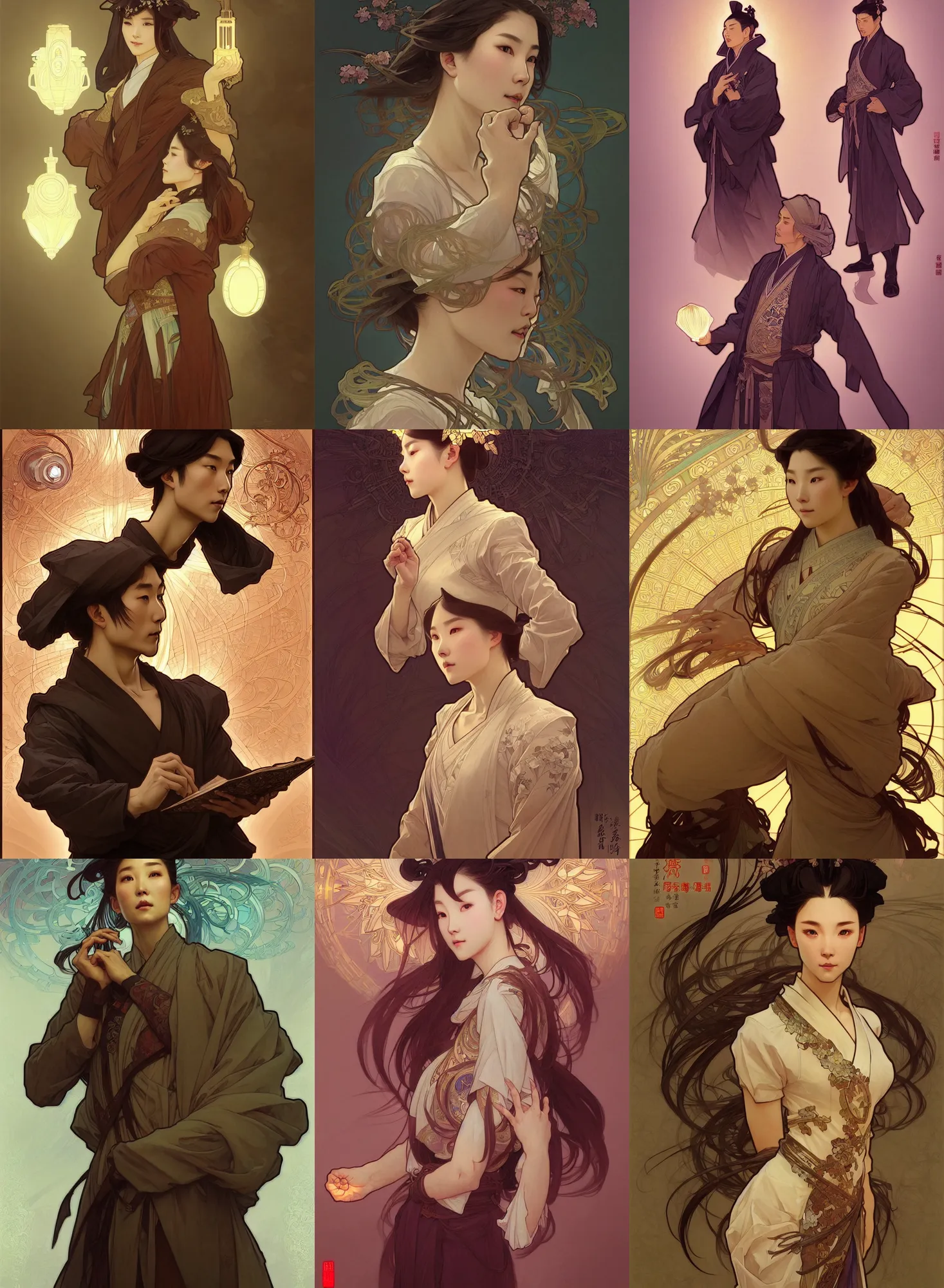 Prompt: a digital concept ar by artgerm and greg rutkowski and alphonse mucha. clear portrait of a lonely attractive elder in uniform of tang dynasty!! tang dynasty book, light effect. hyper detailed, character concept, full body!! t pose!! glowing lights!! intricate, elegant, digital painting, artstation, smooth, sharp focus
