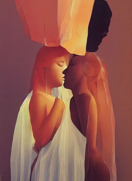 Image similar to two women kissing in a paper bag over the head translucent dress made of plastic bags Edward Hopper and James Gilleard, Zdzislaw Beksinski, highly detailed