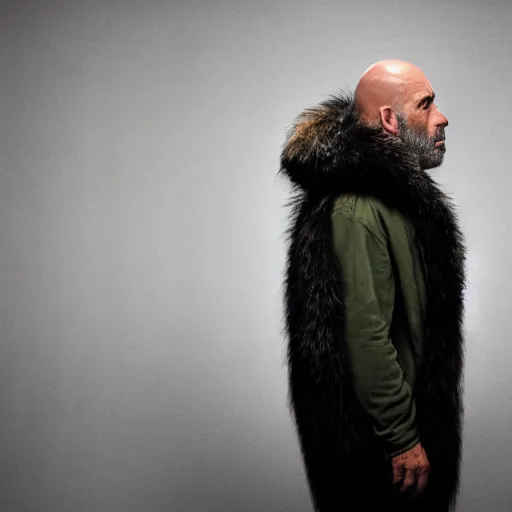Image similar to Photo portrait Joe Rogan as a wax neanderthal cave man exaggerated brow wrapped in fur cloak in the national science museum background dramatic lighting 85mm lens by Steve McCurry