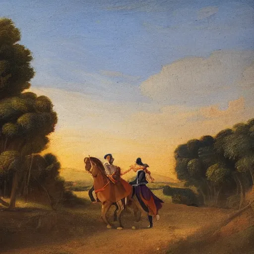 Prompt: a 1 8 th painting of a giovanna d'arco while is riding a horse, wide shot, sunsest golden hour