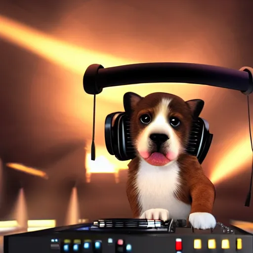 Image similar to puppy as a DJ, 8k, volumetric lighting, hyper realistic