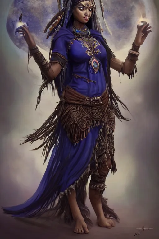 Prompt: Beautiful Young Female Shaman, shamanistic dark blue clothes, ornamental, covered!, metal garments, dark brown skin, green supernatural eyes, looking across the shoulder, full body, extremely detailed!, high fantasy, matte painting, detailed face!, warcraft, barefoot, single character!, magma background, by Rossdraws, James Jean, GENZOMAN, Andrey Ryabovichev, Mark Simonetti and WLOP, trending in artstation, artstationHD, artstationHQ, cgsociety, octane, 16K HD, NO extra arms!, realistic!