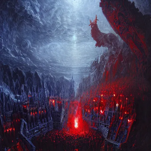 Prompt: the holy castle of Hades, hellish, bright in fury, red and blue, with demon statues, hyperdetailed, artstation trending, world renowned artists, worth1000.com, historic artworks society, antique renewel, cgsociety, by greg rutkowski, by Gustave Dore, Deviantart