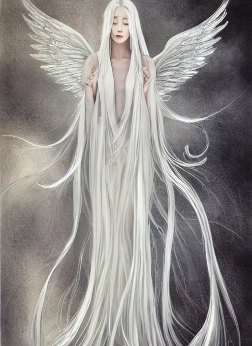 Image similar to tall thin beautiful goddess, pale wan feminine angel, long flowing silver hair covering her whole body, beautiful painting, young wan angel, flowing silver hair, flowing white robes, flowing hair covering front of body, white robe, white dress of silver hair, aesthetic, mystery