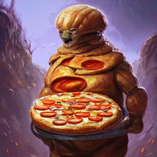 Image similar to ultra realistic illustration of golem made of pizza, intricate, fantasy italy, elegant, highly detailed, digital painting, artstation, concept art, smooth, sharp focus, illustration, art by tim mcburnie and conar cross and anato finnstark