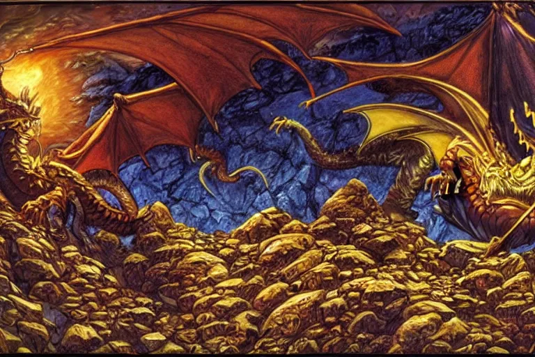 Image similar to dragon sleeping on a mountain of gold and gems in a big cavern, by Larry Elmore, masterpiece, stunning
