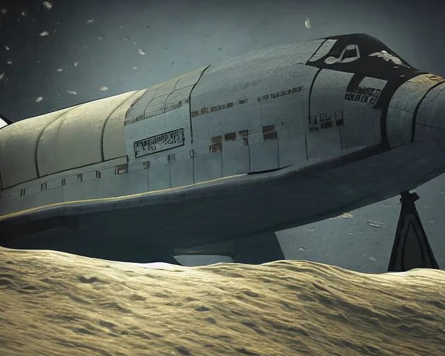 Prompt: old damaged space shuttle submerged under water, cinematic, photoreal, by red dead redemption 2