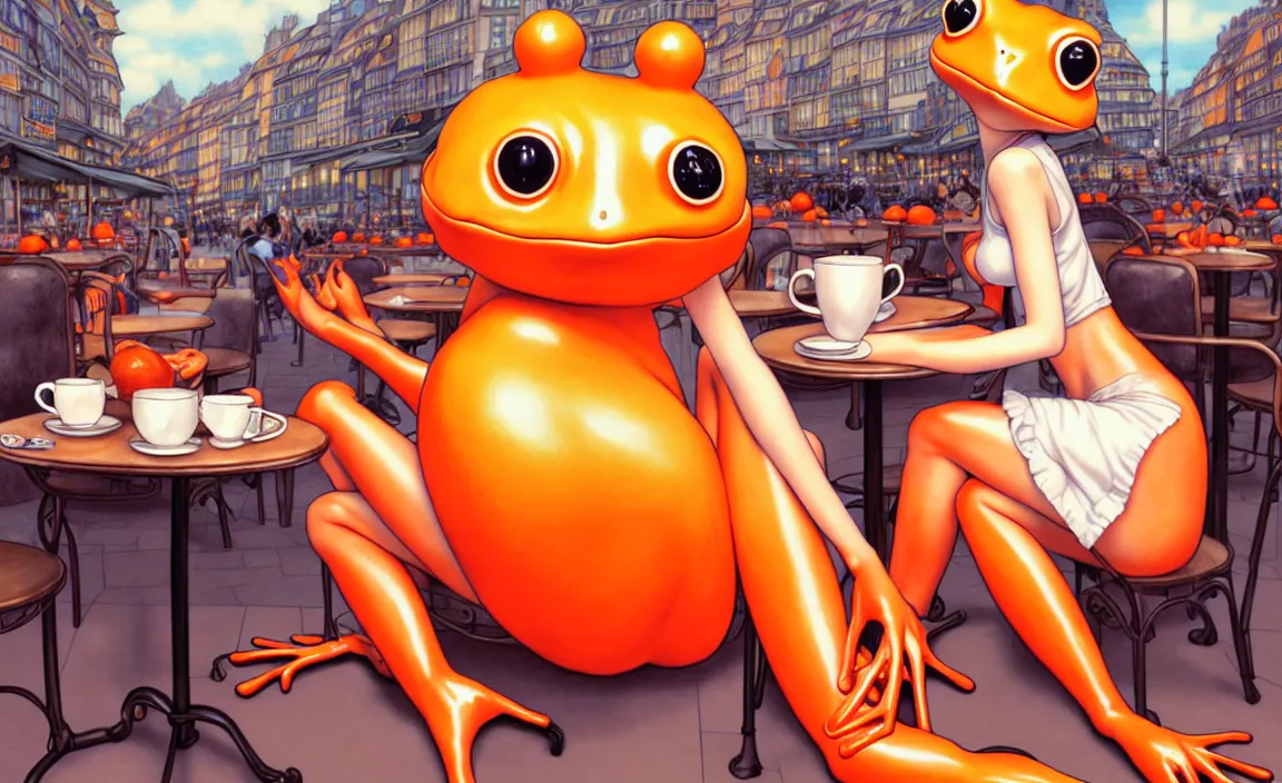 Image similar to a French girl in a café with a giant orange frog. insanely and epically detailed supreme-quality color ink pen artwork, amazingly composed image, illustrated by Range Murata and Artgerm and Stanley Law.