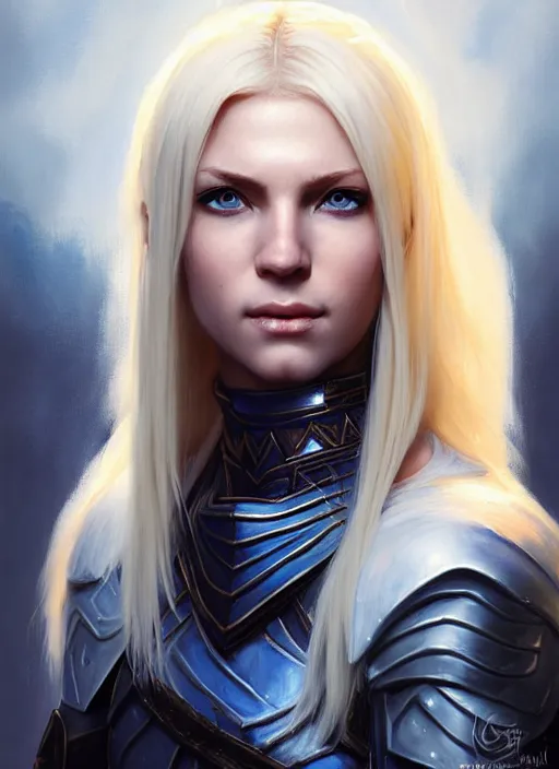 Prompt: a _ fantasy _ style _ portrait _ painting _ of shy white female paladin with blonde hair and blue eyes small smile, scar under left eye, holy oil _ painting _ unreal _ 5 _ daz. _ rpg _ portrait _ extremely _ detailed _ artgerm _ greg _ rutkowski _ greg