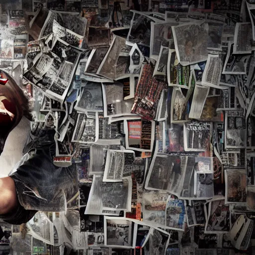 Prompt: a professional photographic collage made of ripped magazines of a young angry man furious in the middle of street, high definition, highly detailed, photo-realistic, unreal engine render, 16k