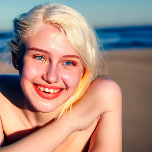 Image similar to beautiful hyperrealism hyperdetailed photograph of a cute thin young woman in love with you, smiling adoringly at the camera, platinum blonde hair, flushed face, blushing, big puffy lips, heart - shaped face, light freckles on cheeks and nose, 8 k, sharp focus, golden hour, beach setting