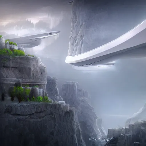 Prompt: A realistic detailed photo of a futuristic canyon, alien plants, grey sky, futuristic buildings, flying ships in the background, foggy landscape, light particles, detailed light, realistic shaders, trending on artisation, detailed textures, detailed, realistic.