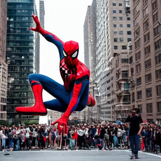 Image similar to spider - man performs a perfect kick flip on his skateboard in new york city whilst a crowd watches, beautiful photograph