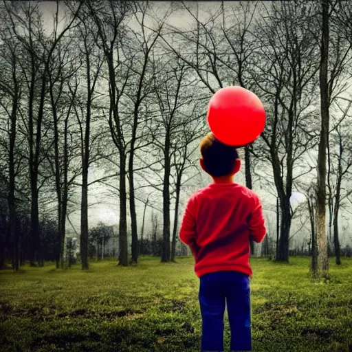 Prompt: young boy, all alone, in a park, post apocalyptic, noon, hyper realistic, small red balloon in the sky