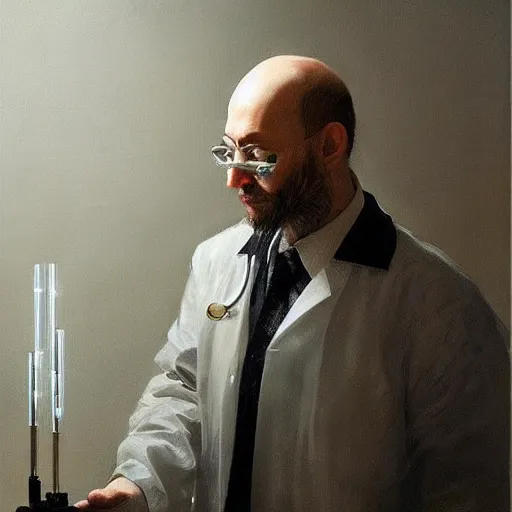 Image similar to fox foxman wearing a doctor outfit holding glowing test tubes by ruan jia, portrait