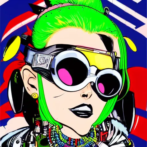 Prompt: cybergoth girl wearing goggles and eccentric jewelry by jamie hewlett, jamie hewlett art, full body character concept art, - h 7 6 8