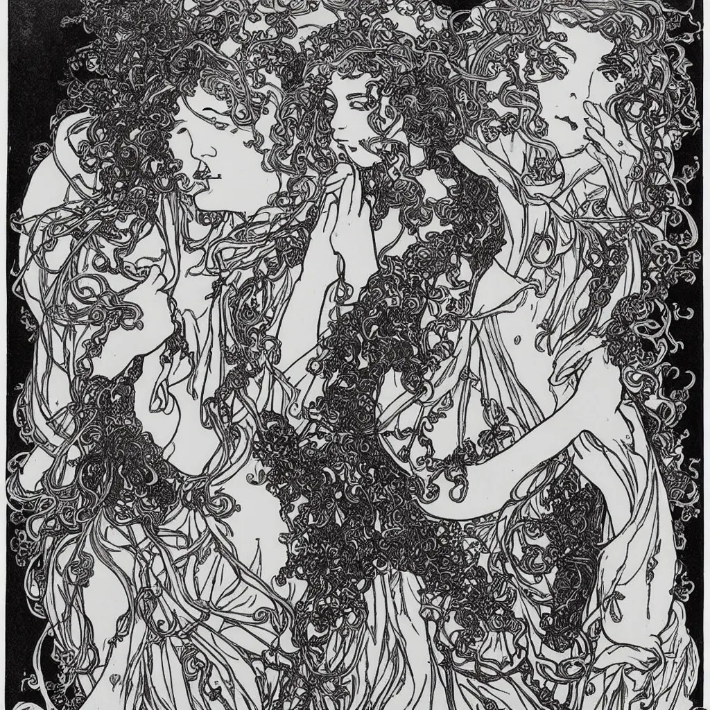 Prompt: a monochromatic art nouveau, engraving by Mucha, engraving by Beardsley