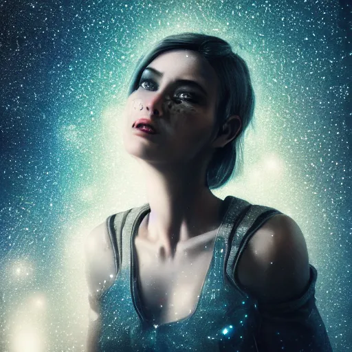 Prompt: woman portrait made out of galaxies, beautiful, cyborg, cinematic, comic book art, realistic, highly detailed, octane render, unreal engine, sharp focus