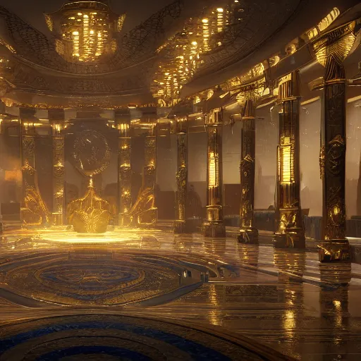 Prompt: golden and luxurious palace of asgard interior, 8k hd concept art, hyperrealistic, ultra detailed, cinematic, cinematic lighting, featured on artstation, octane render